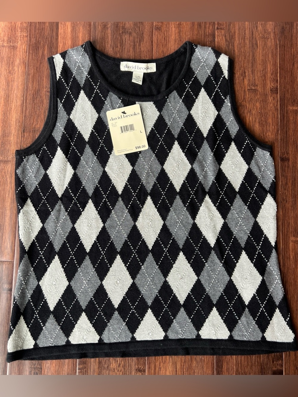 NWT Women’s Argyle Sweater Vest Gray Black Subtle Sparkle Silk Blend Sz LARGE